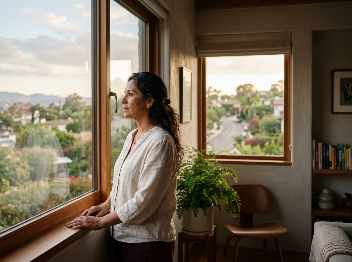 Mujer reflexionando junto a una ventana