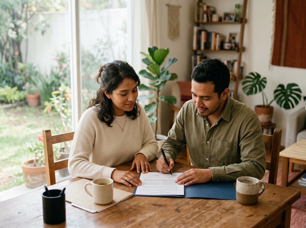 Pareja firmando acuerdos en calma
